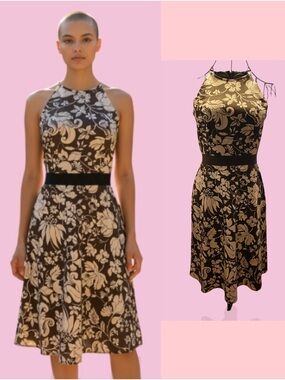 Ann Taylor Black and Cream Floral Halter Midi Dress